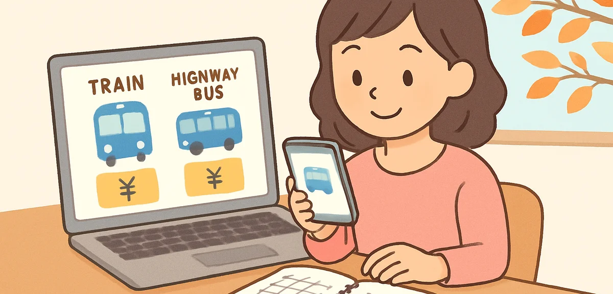 A person at a wooden desk comparing train fares and highway bus prices on a laptop and smartphone, a