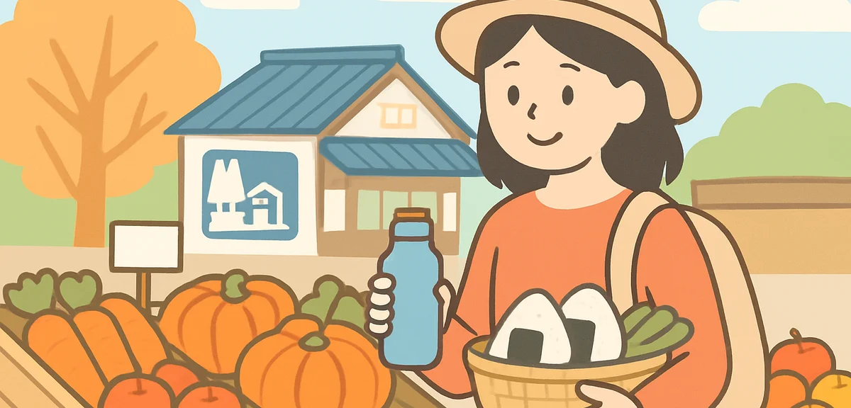A budget-conscious traveler buying fresh food at a local Japanese supermarket and roadside station (