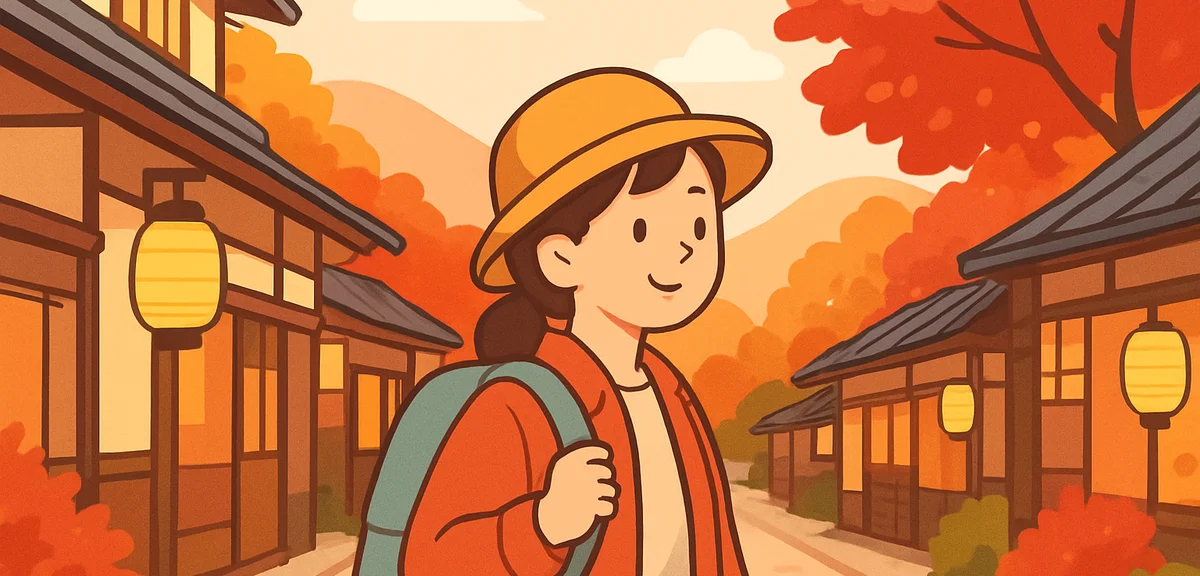 A relaxed traveler enjoying an off-peak quiet countryside onsen town street in late September, few c