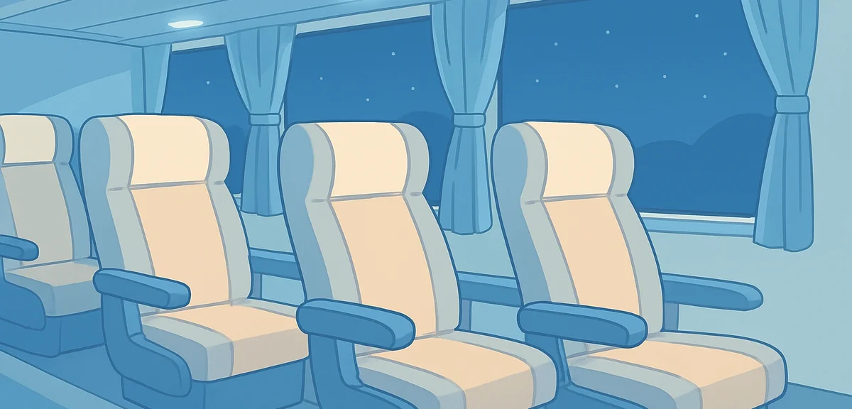 Interior of a modern Japanese long-distance night bus with three-abreast reclining seats and individ
