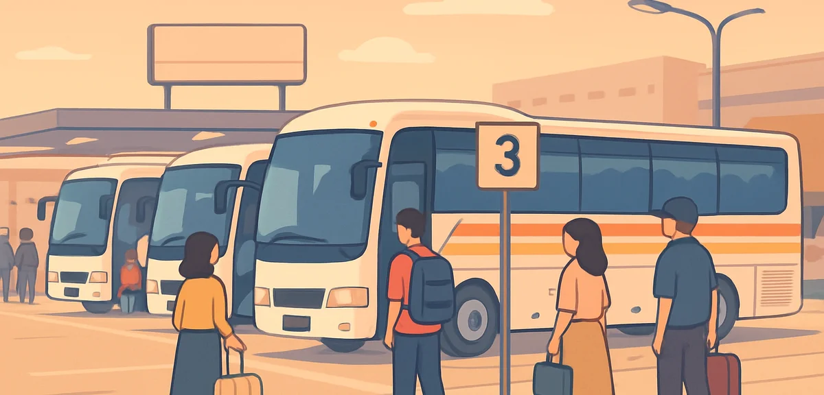 A busy highway bus terminal in Japan at dusk with several express coaches lined up at boarding gates