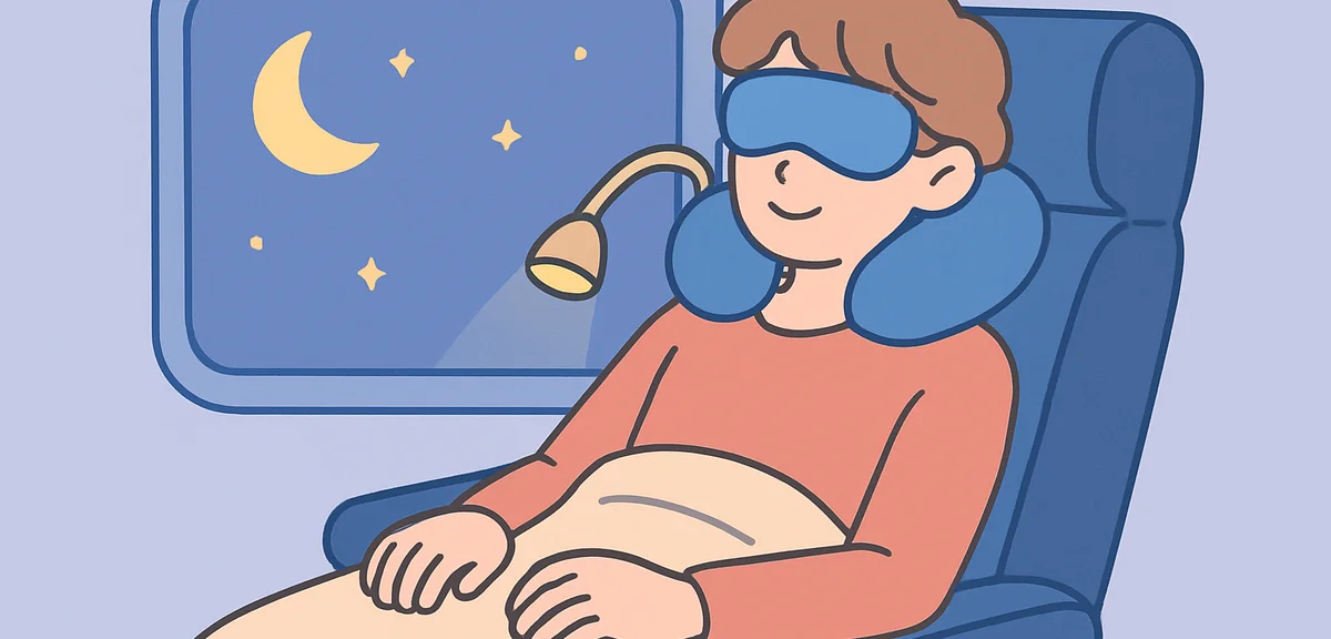 A traveler resting comfortably in a reclined night bus seat wearing a neck pillow and eye mask, smal