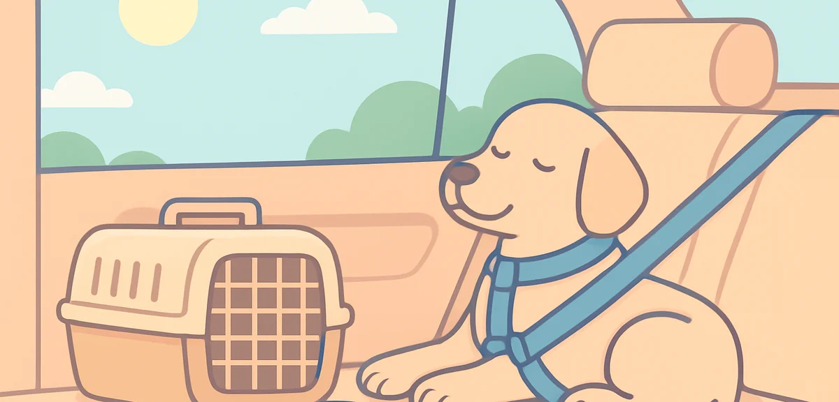A calm dog resting inside a moving car secured with a pet seatbelt harness and a crate, sunshade on 