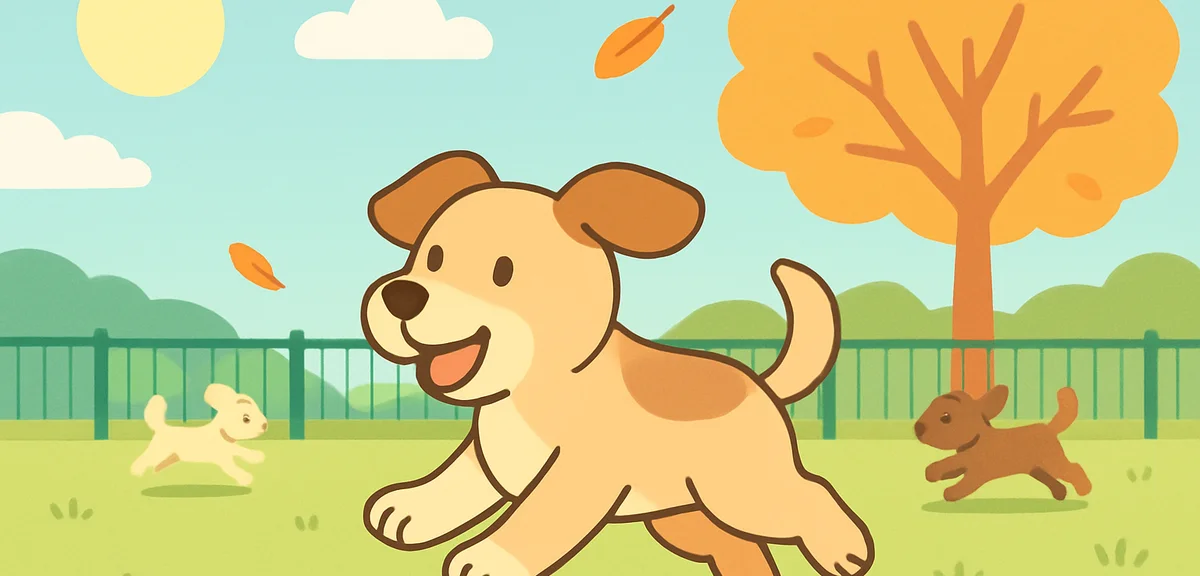 A small dog running joyfully on a grassy dog run park under a bright early autumn sky, other dogs pl