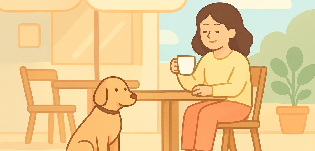 A cozy pet-friendly cafe terrace with a well-behaved dog sitting quietly beside a wooden table, wate