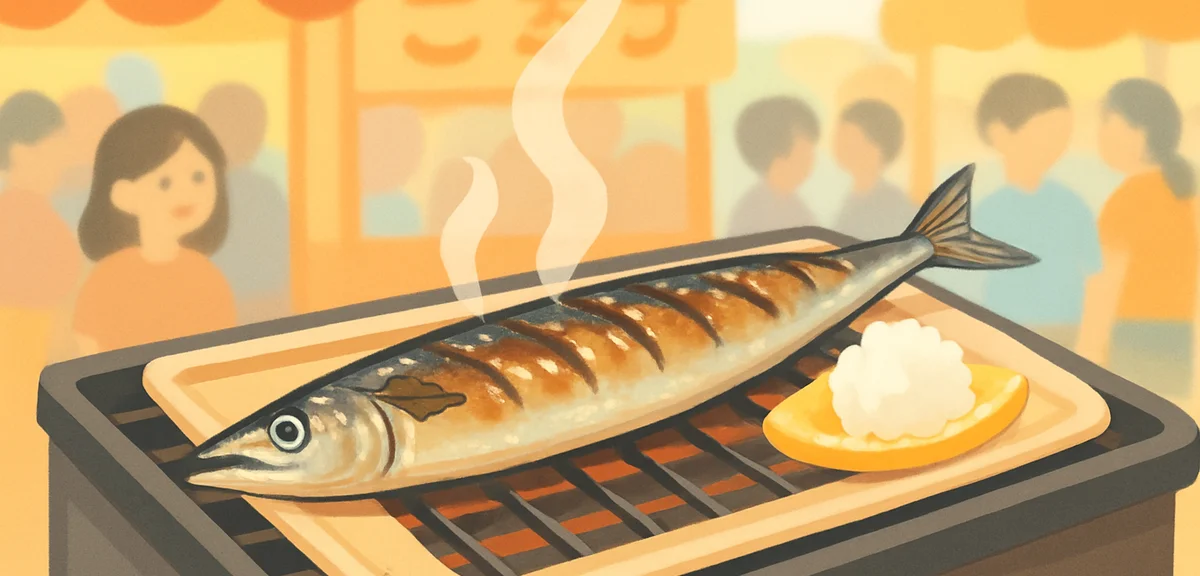 Close-up of a grilled sanma saury fish on a charcoal grill at an autumn food festival stall in Japan