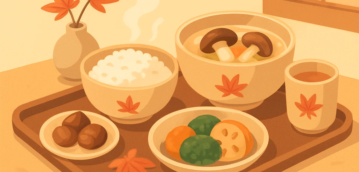 A cozy Japanese autumn meal set with a steaming bowl of freshly harvested new rice, matsutake mushro