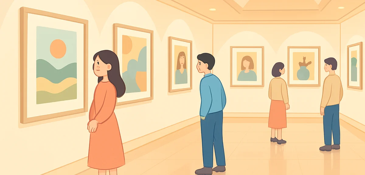 A spacious museum gallery with visitors admiring framed artworks, warm indirect lighting, polished f