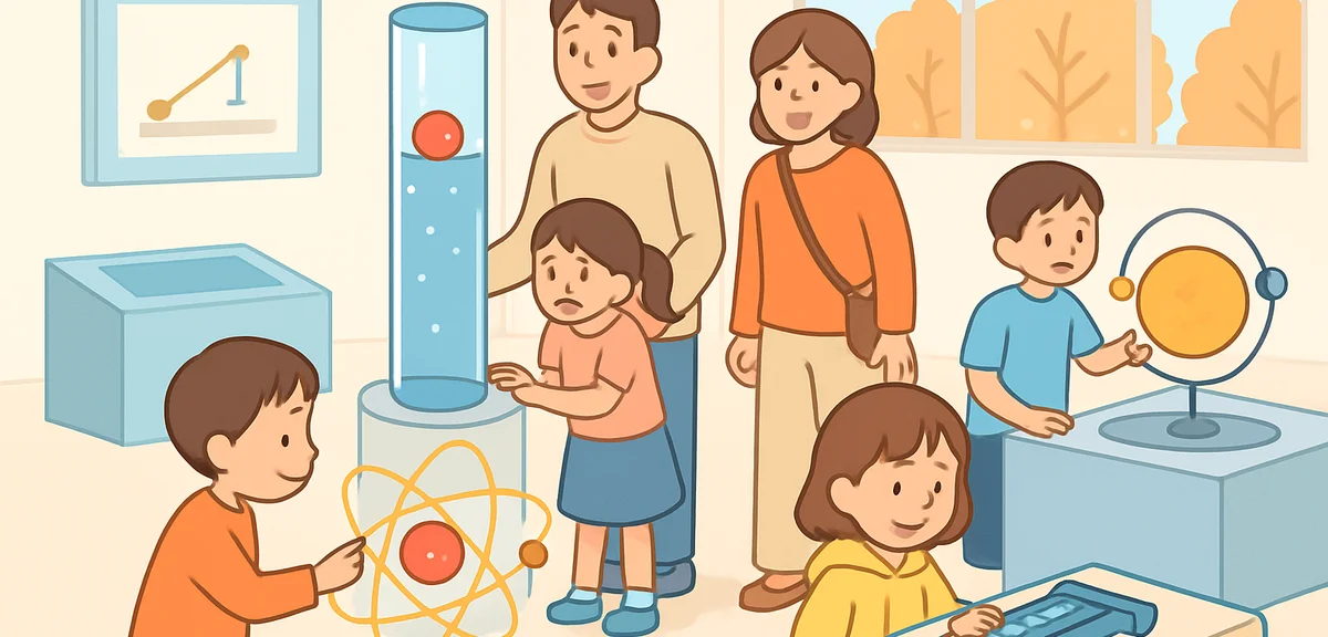 A hands-on science museum in Japan with children and parents interacting with interactive exhibits, 