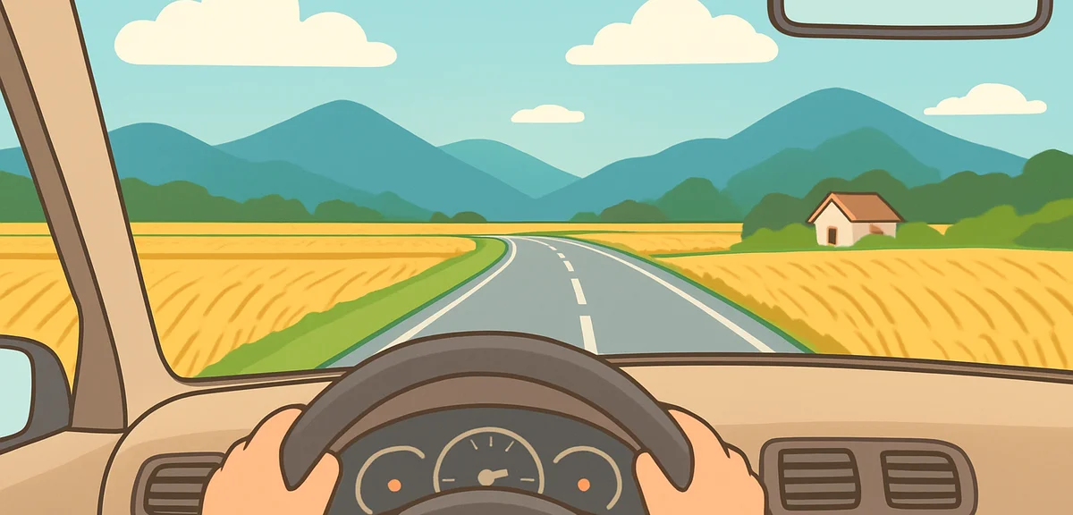 POV from inside a car driving along a scenic Japanese countryside highway in late September, golden 