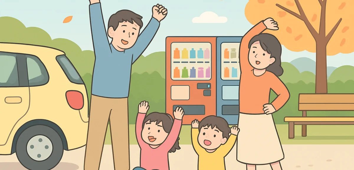 A Japanese family taking a relaxed break at a highway service area during an autumn road trip, stret