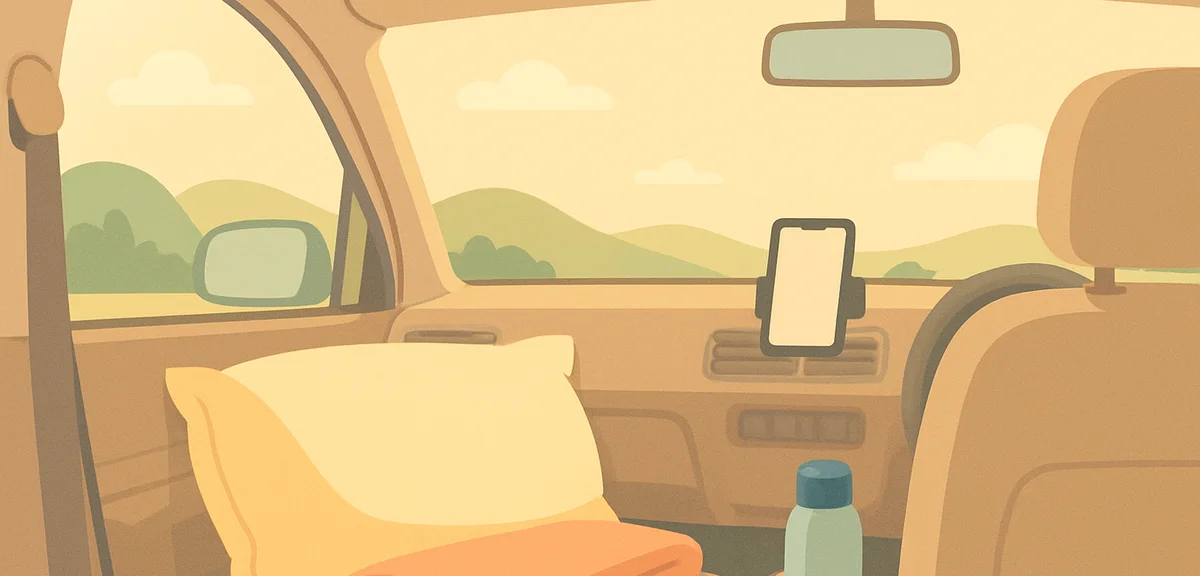 A neatly arranged car interior for a comfortable road trip, smartphone holder on the dashboard, blan