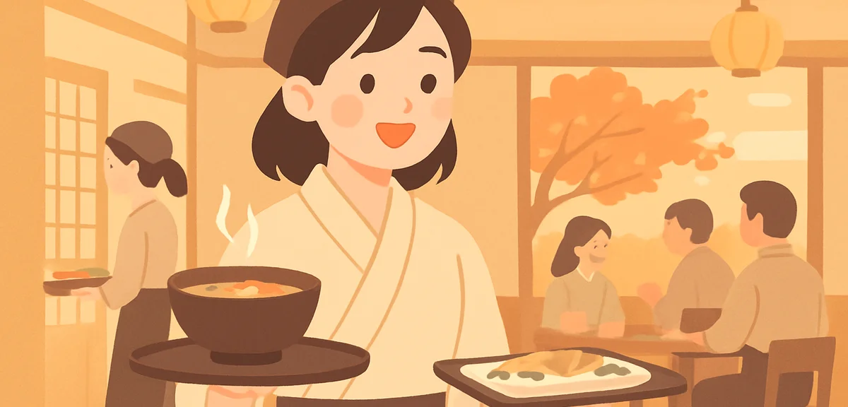 A young Japanese part-time worker carrying trays and smiling at a busy ryokan restaurant during earl