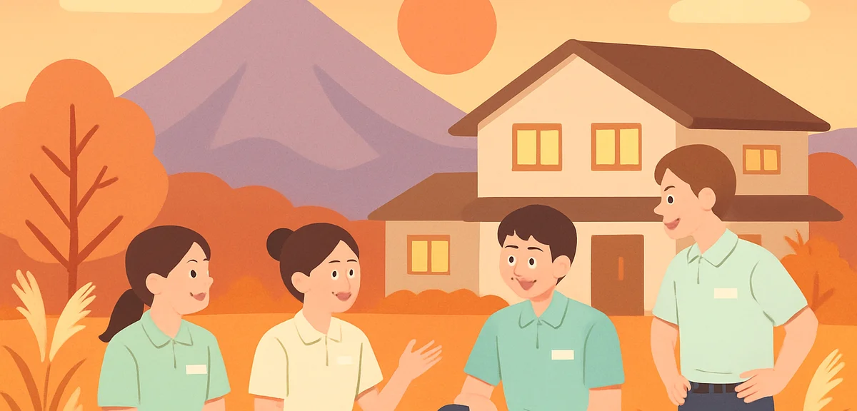 Several young resort staff members relaxing and chatting together outside a mountain dormitory in th