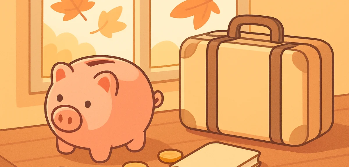 A ceramic piggy bank and a neatly packed travel bag on a wooden table by a window with autumn leaves