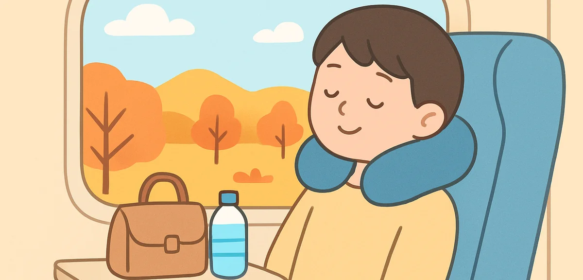 A traveler relaxing on a shinkansen bullet train seat wearing a travel neck pillow, looking out the 
