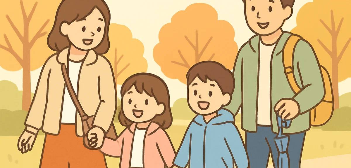 A family with two young children walking outdoors in a Japanese park in late September, wearing ligh