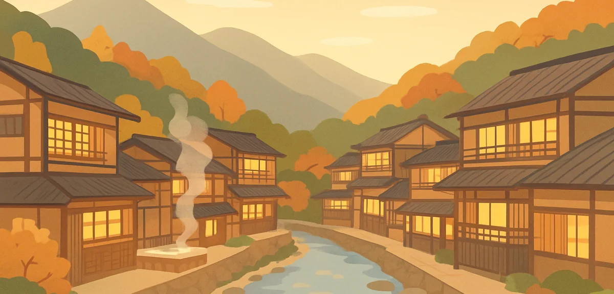 A quiet autumn hot spring town in a Japanese mountain valley, traditional wooden ryokan buildings li