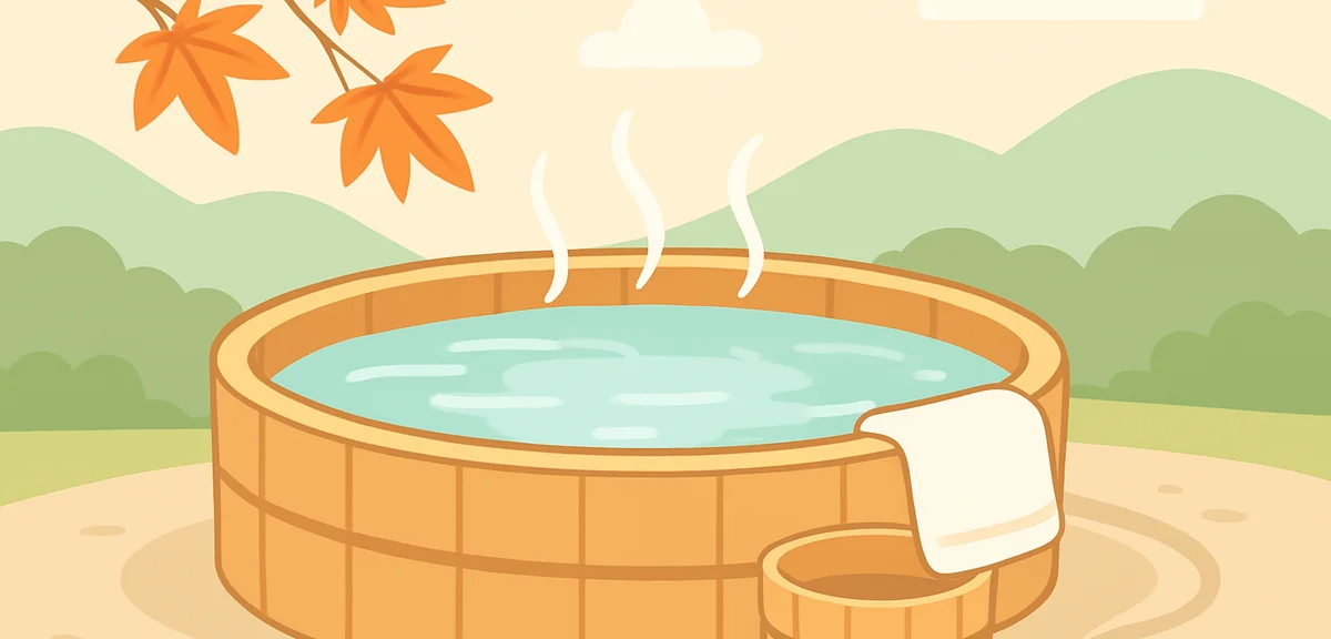 Close-up of a wooden outdoor onsen bath with a small wooden bucket and a neatly folded towel on the 