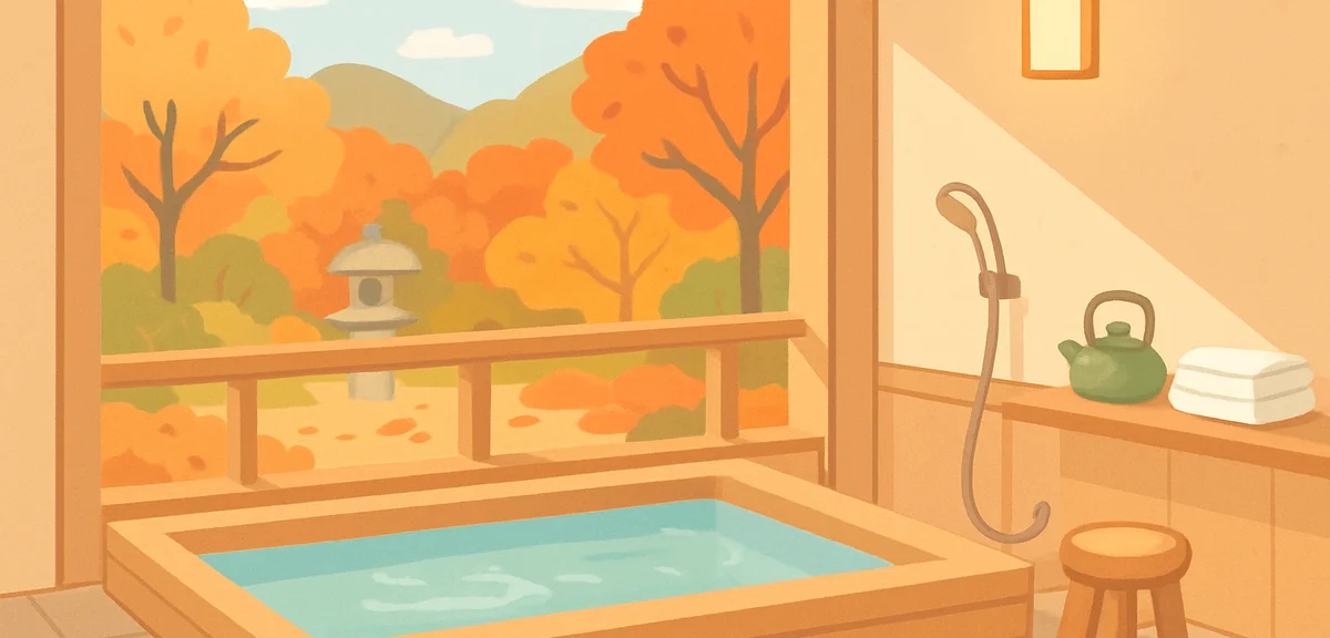 A serene private Japanese ryokan bath with a garden view in autumn, wooden handrail and non-slip sto