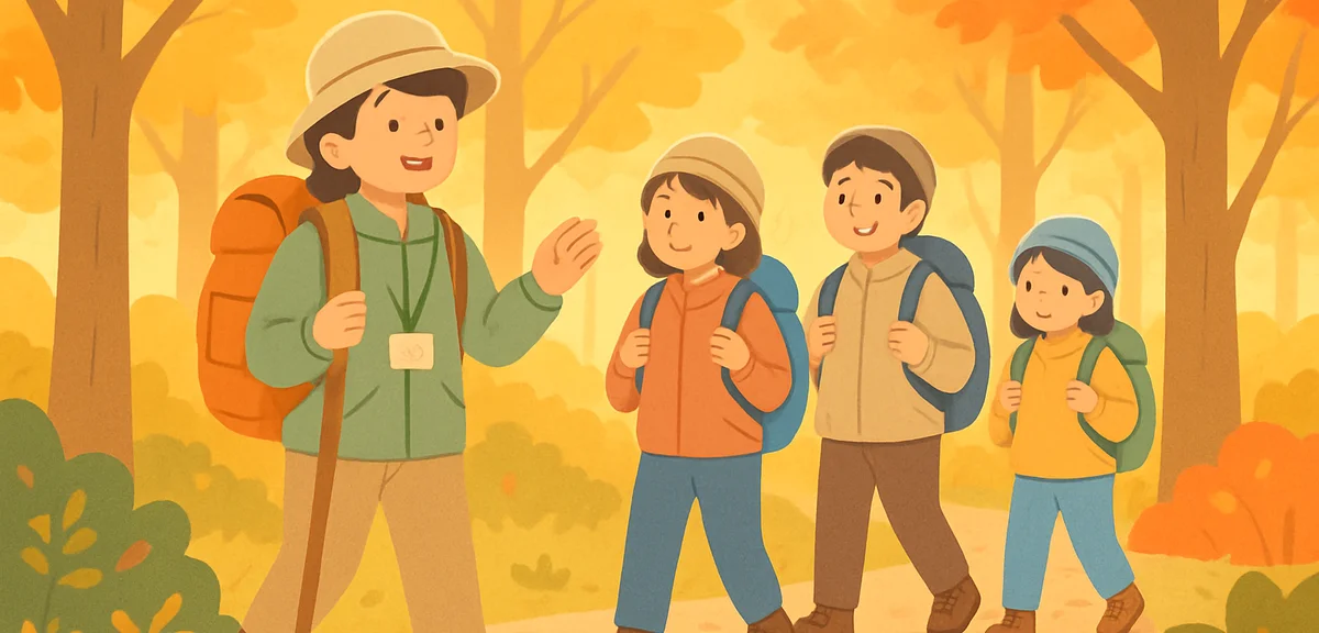 A guided nature trekking experience in a Japanese autumn forest, small group walking a wooded trail 