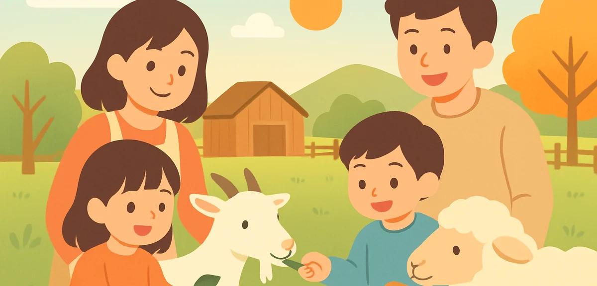 A family interacting with friendly animals at a countryside farm in Japan, children feeding goats an