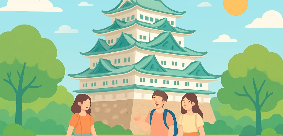 Nagoya Castle main keep with golden shachihoko ornaments under a bright late-September blue sky, gre