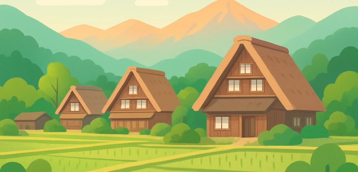 Shirakawa-go village in Gifu with traditional gassho-style thatched farmhouses surrounded by green r