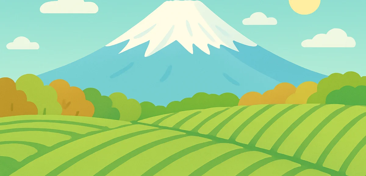 Mount Fuji viewed across green tea plantations in Shizuoka under a clear late-September sky, rows of