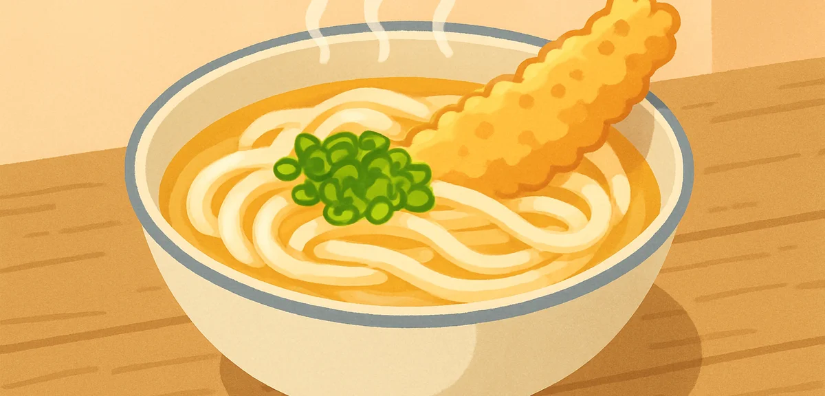 A close-up bowl of freshly served Sanuki udon noodles with a golden broth, green onions and tempura