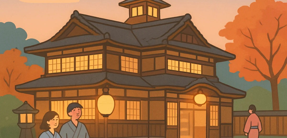 A traditional Japanese wooden public bathhouse in Matsuyama Ehime at dusk, warm glowing lanterns, re