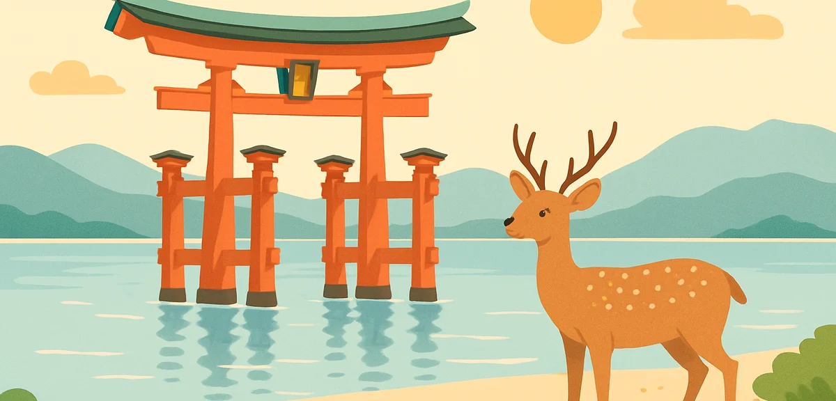 The great vermilion floating torii gate of Itsukushima Shrine standing in the tidal shallows at Miya