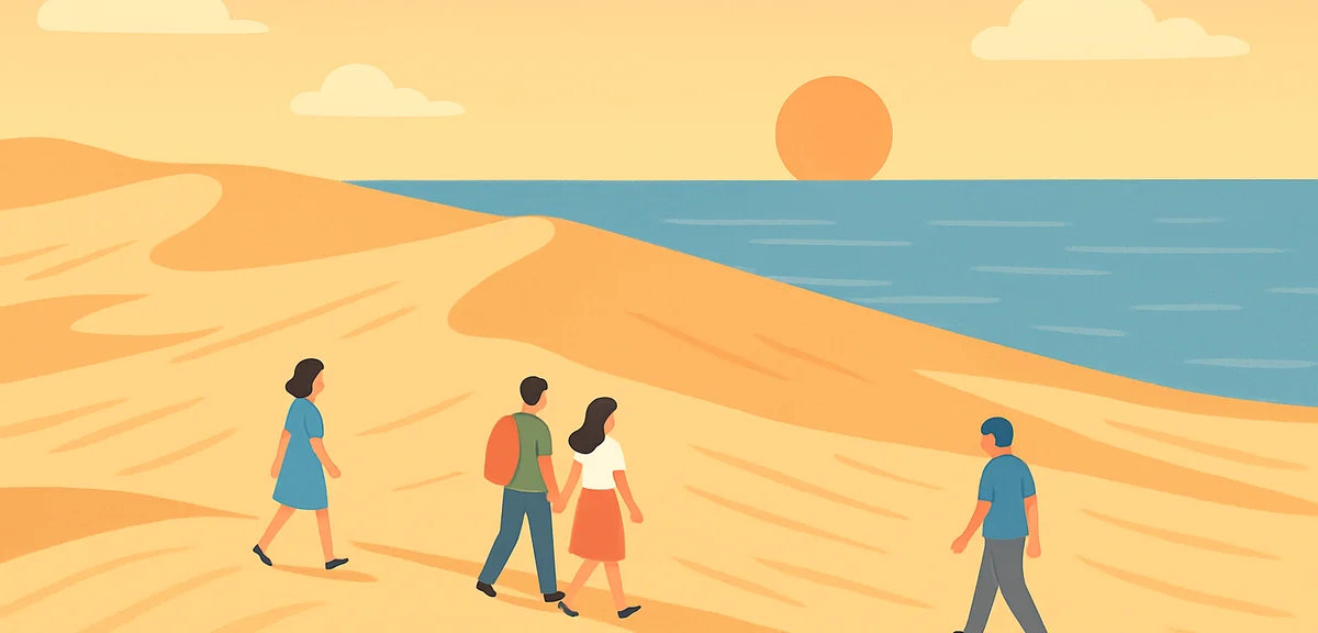 Vast Tottori sand dunes with gentle wind ripples on the sand, a few visitors walking, the Sea of Jap