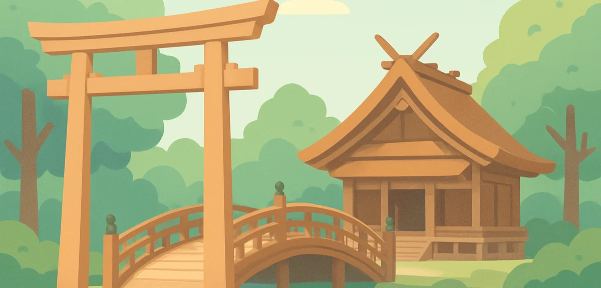 The elegant Tsuru-no-mai Bridge and grand thatched approach of Izumo Taisha Grand Shrine, tall woode