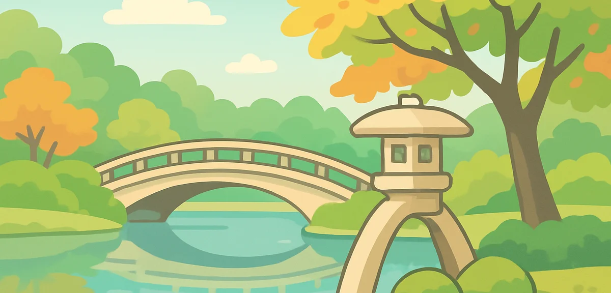 Kotojito lantern and stone bridge at Kenrokuen garden in Kanazawa on a clear early autumn morning, l