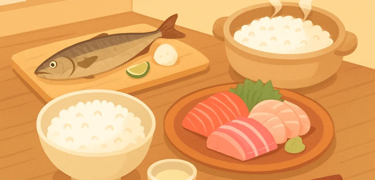 A rustic Japanese table spread of Hokuriku autumn food, freshly cooked new-harvest white rice, fresh