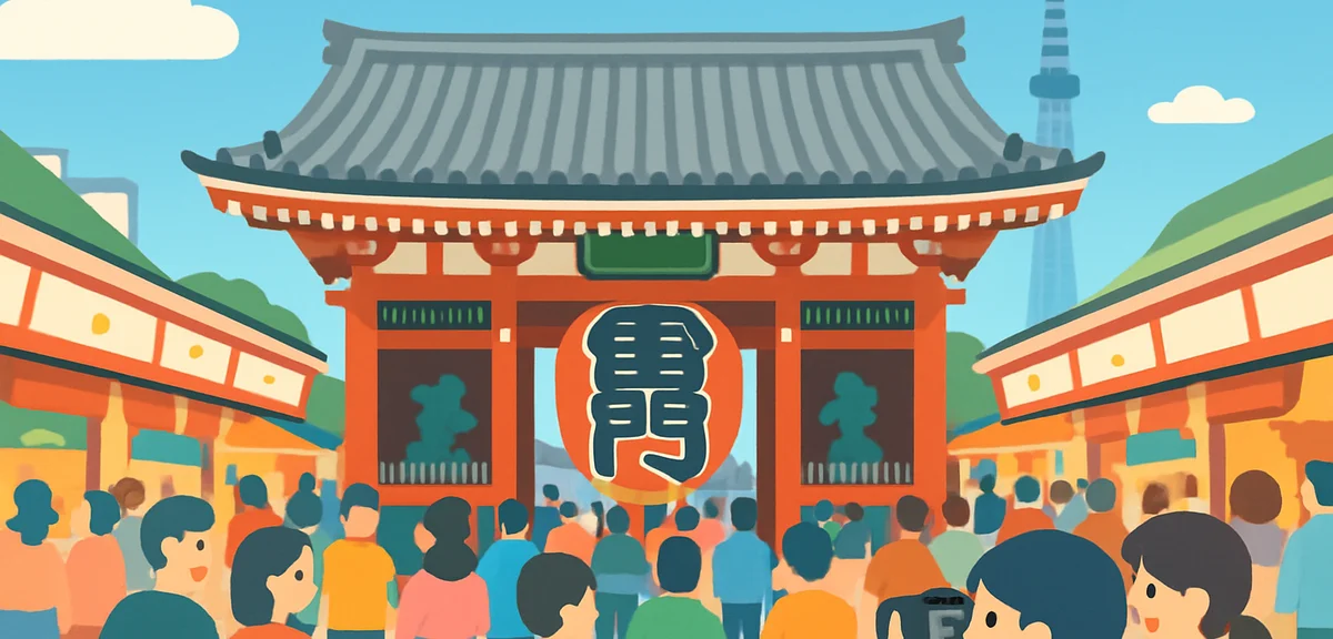 Senso-ji temple Kaminarimon gate and the bustling Nakamise shopping street in Asakusa, crowds of tou