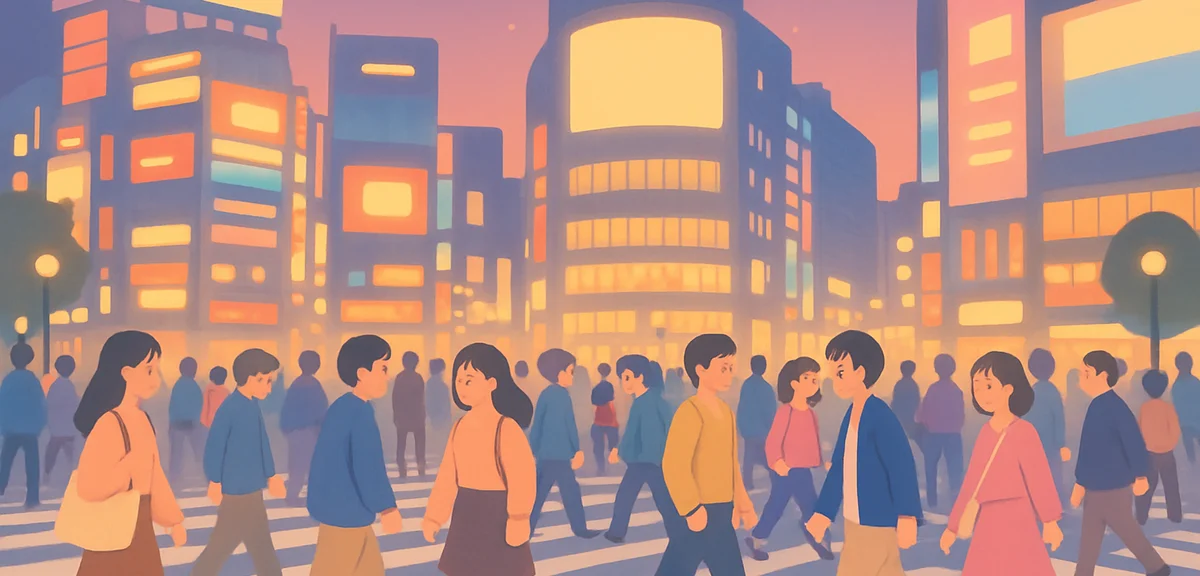 Shibuya scramble crossing at dusk with glowing neon signs and city lights, many pedestrians crossing