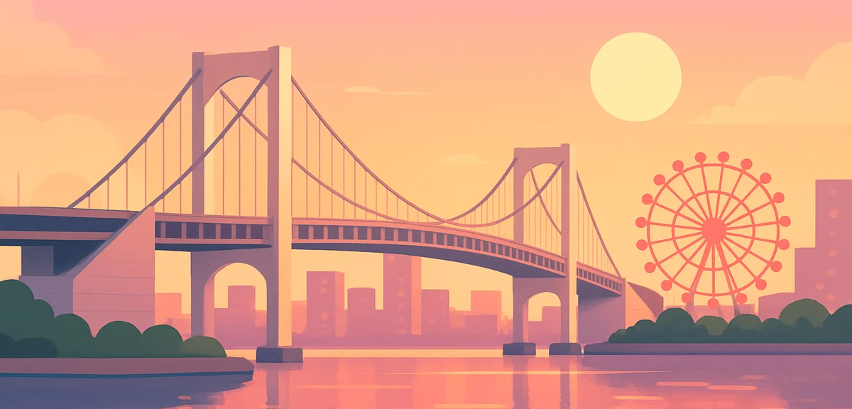 Odaiba waterfront at golden hour, Rainbow Bridge and Tokyo bay skyline with a lit ferris wheel refle