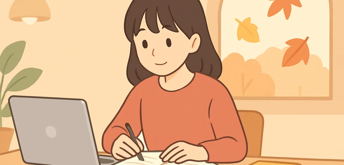 A young Japanese university student studying and reading at a bright cafe table with a laptop and no