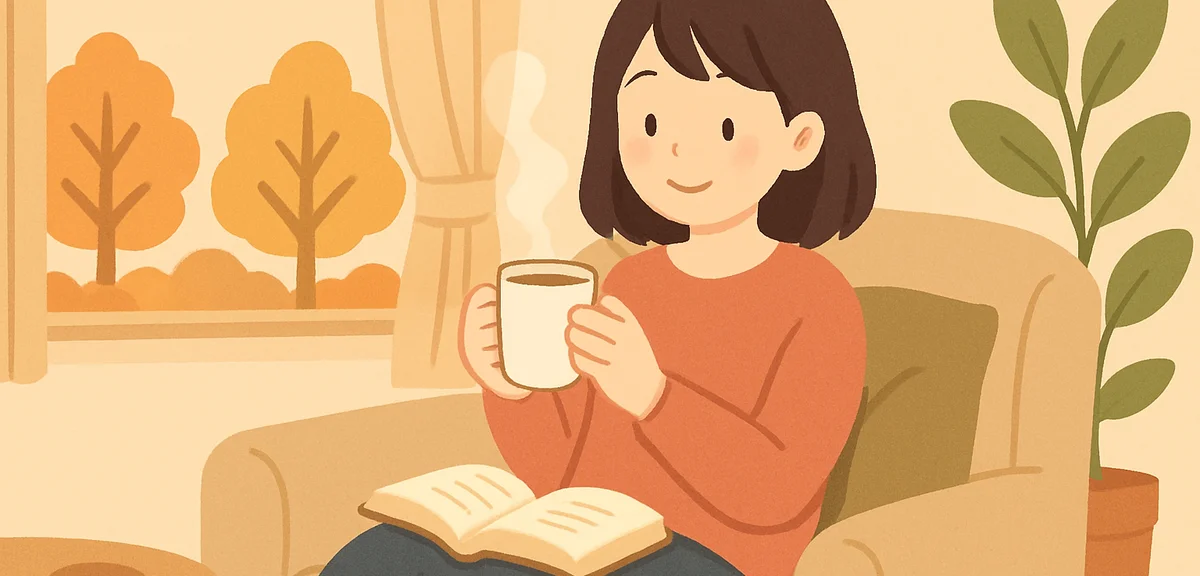 A young Japanese university student relaxing at home on a sofa with a warm drink and a book on a cal