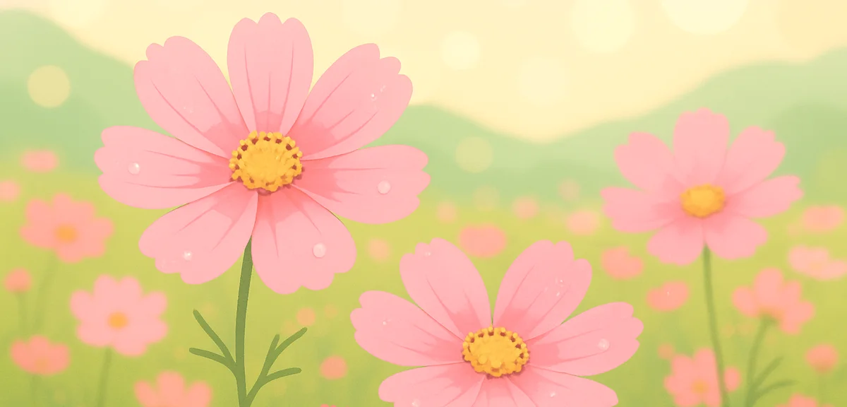 Close-up of pink cosmos flowers in a Japanese national park flower field, shallow depth of field wit