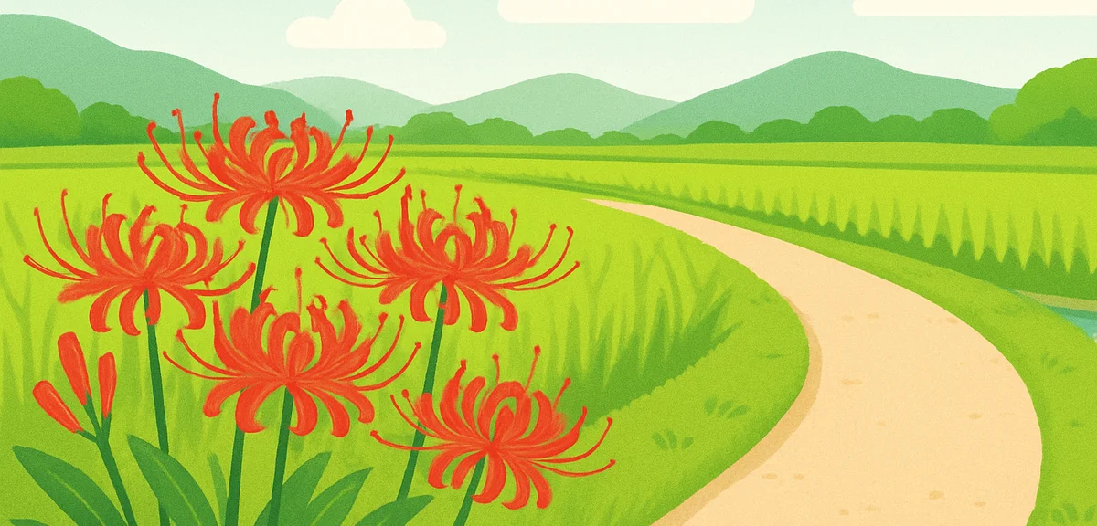 A striking cluster of bright red higanbana (red spider lily) blooming along a rural riverbank path i