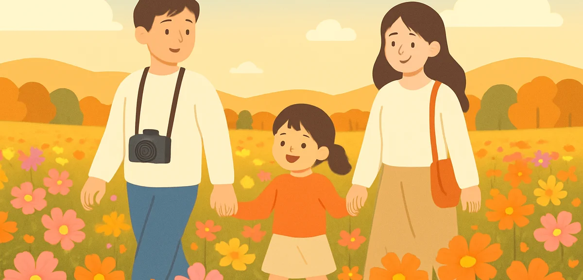 A family walking through a colorful autumn flower field with cosmos and orange kibana cosmos, wearin