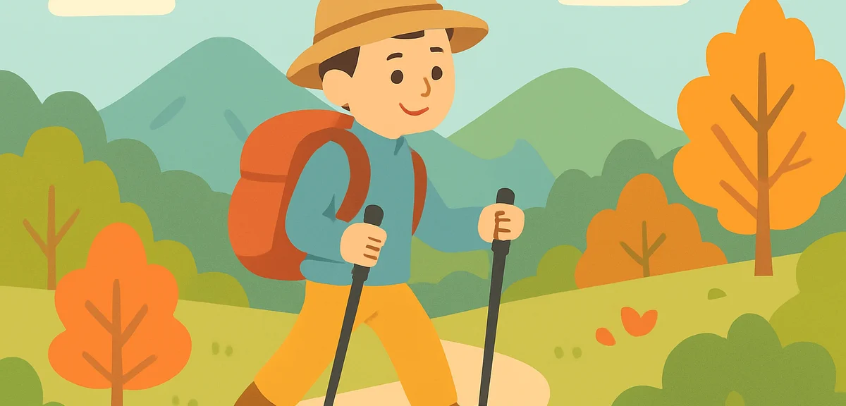 A single hiker on a Japanese mountain trail in early autumn, wearing a backpack and holding trekking