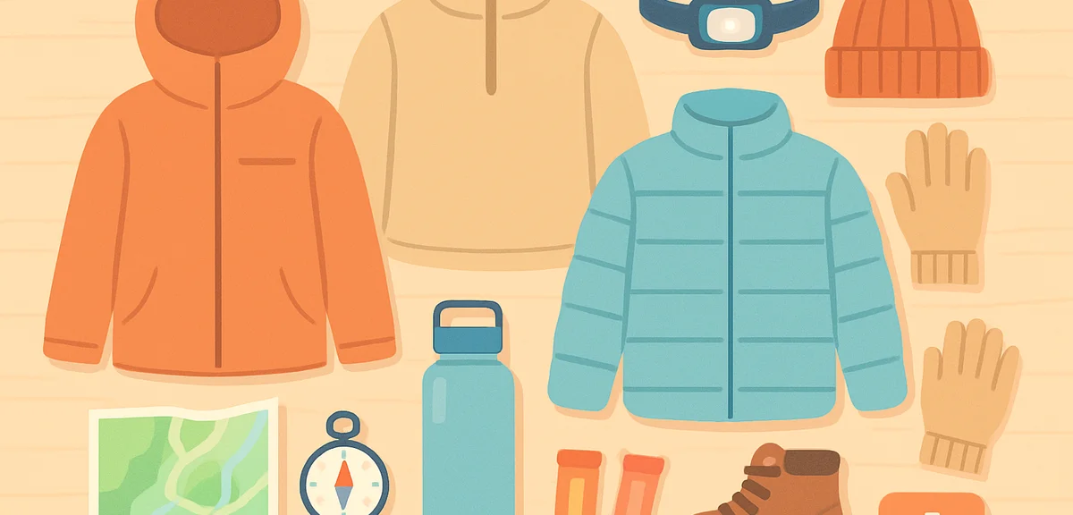 Flat lay of autumn hiking gear neatly arranged on a wooden surface: rain jacket, fleece, light down