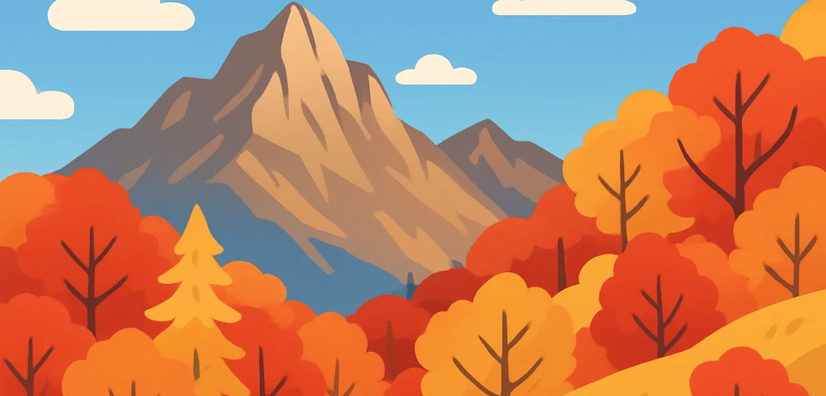 Golden and crimson autumn foliage on a high Japanese mountain slope, larch and maple trees turning r