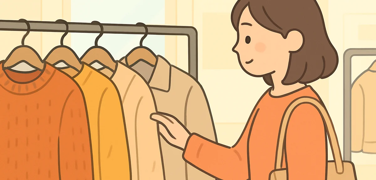 Close-up of autumn clothing on racks in a bright apparel store, knitwear and light jackets with pric