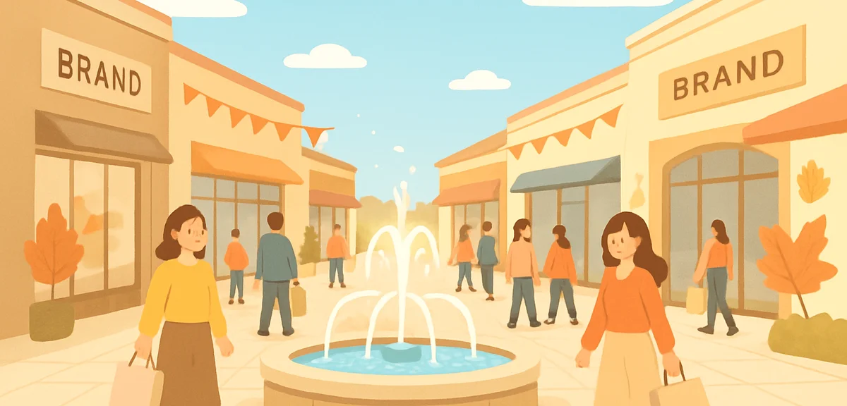 A wide view of a spacious outlet mall walkway with a fountain and brand storefronts on a sunny day, 
