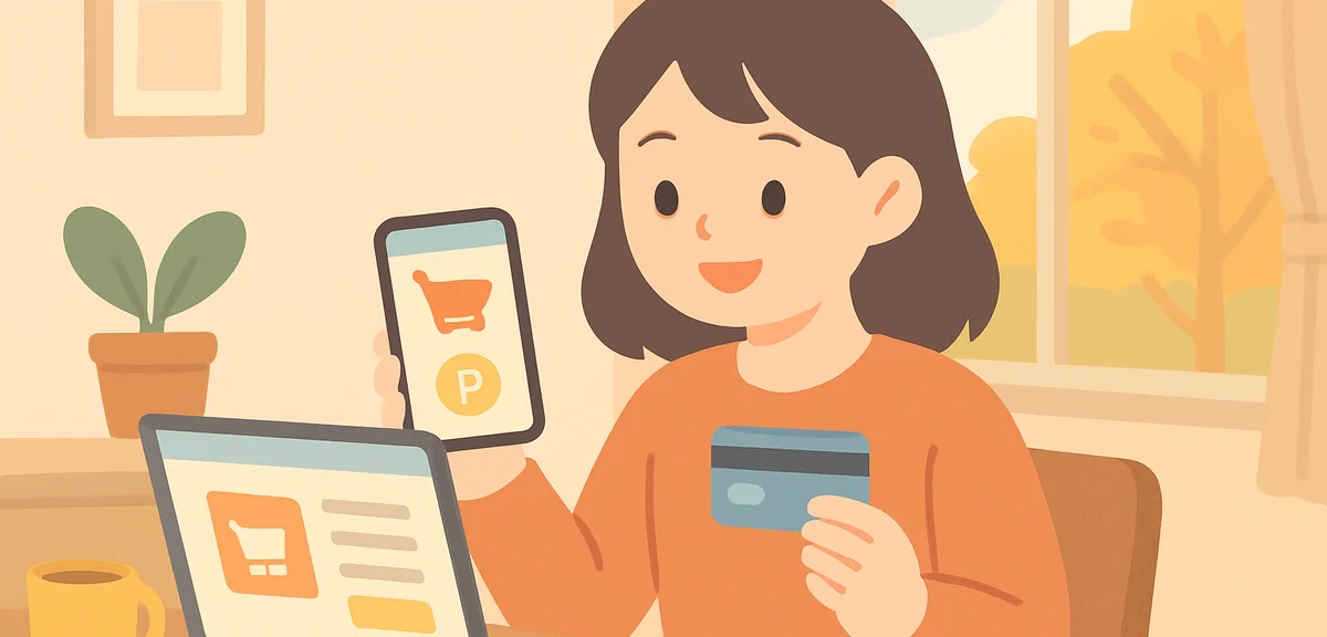 A person at a cozy home desk comparing online shopping on a laptop and smartphone, a credit card and